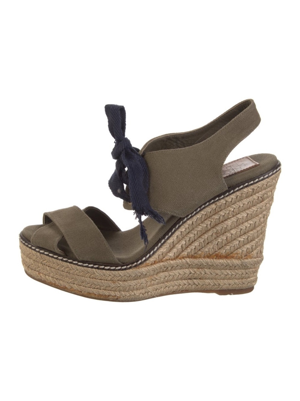 Tory Burch Gabe Lace Up Canvas Olive Green Platform Sandal Espadrilles Size 38